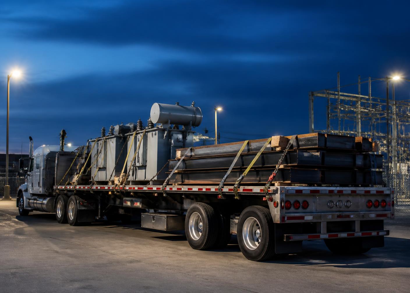 Flatbed trailer loaded with a utility transformer and structural steel