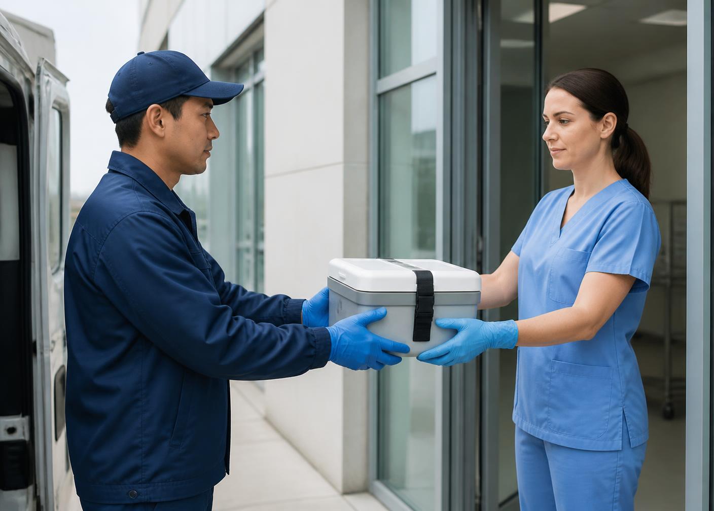 Courier transferring a sealed medical cooler at a hospital entrance